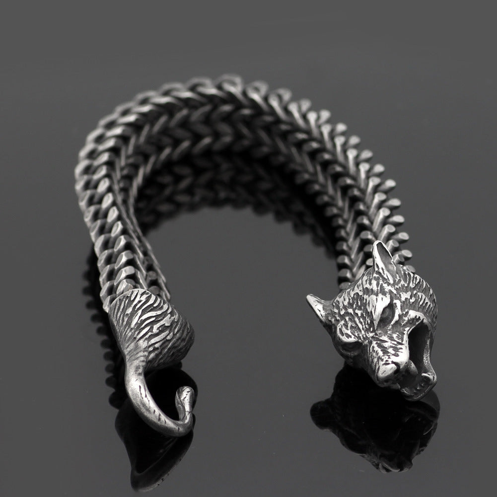 Men’s Wolf Head Cuban Chain Bracelet – Vintage Stainless Steel Wristband