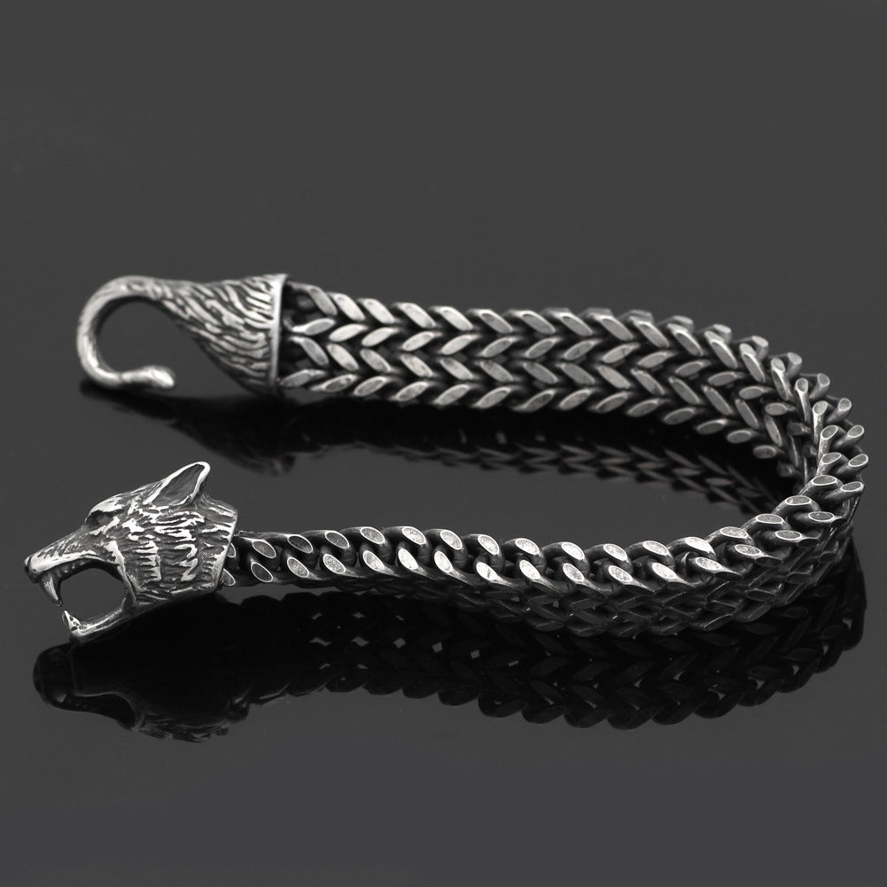 Men’s Wolf Head Cuban Chain Bracelet – Vintage Stainless Steel Wristband