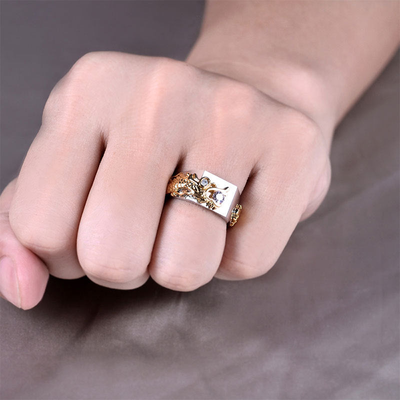 Domineering Dragon Pattern Ring for Men | Two-Color Zircon Hip Hop Punk Style
