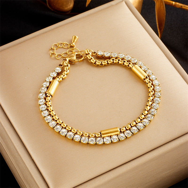 Minority All-match Diamond-embedded Multi-layer Twin Titanium Steel Chain Jewelry Bracelet