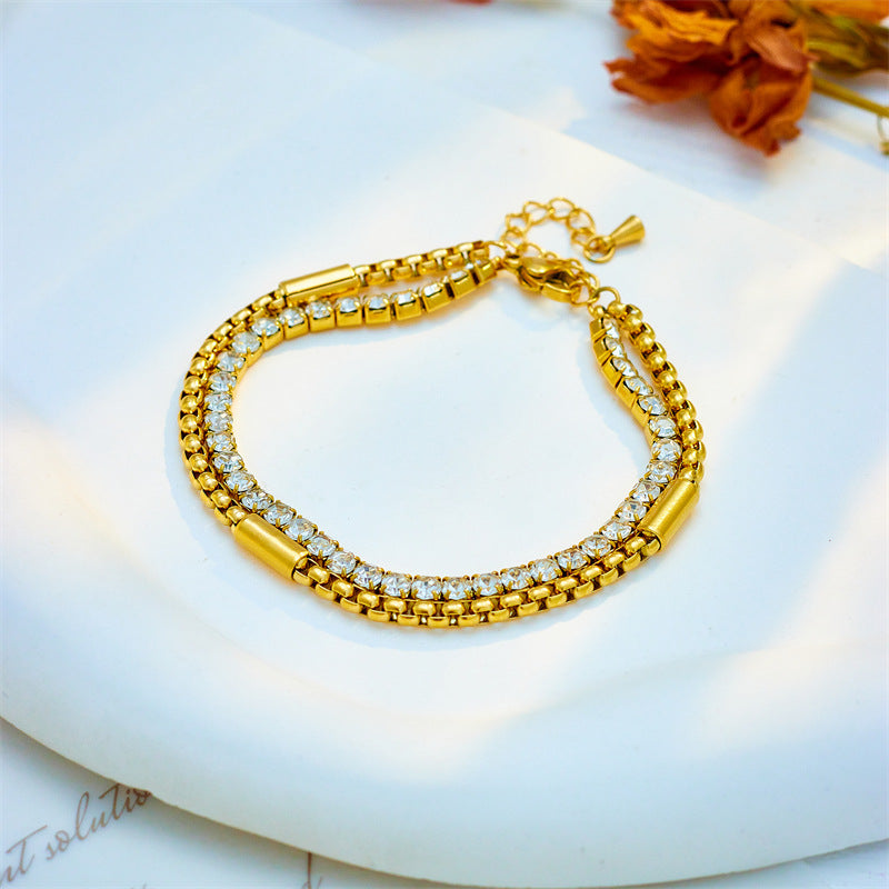 Minority All-match Diamond-embedded Multi-layer Twin Titanium Steel Chain Jewelry Bracelet